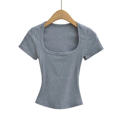 Summer Square Neck Crop Top - Womens High Elasticity Short Sleeve Pullover - ZOOMNSTORE