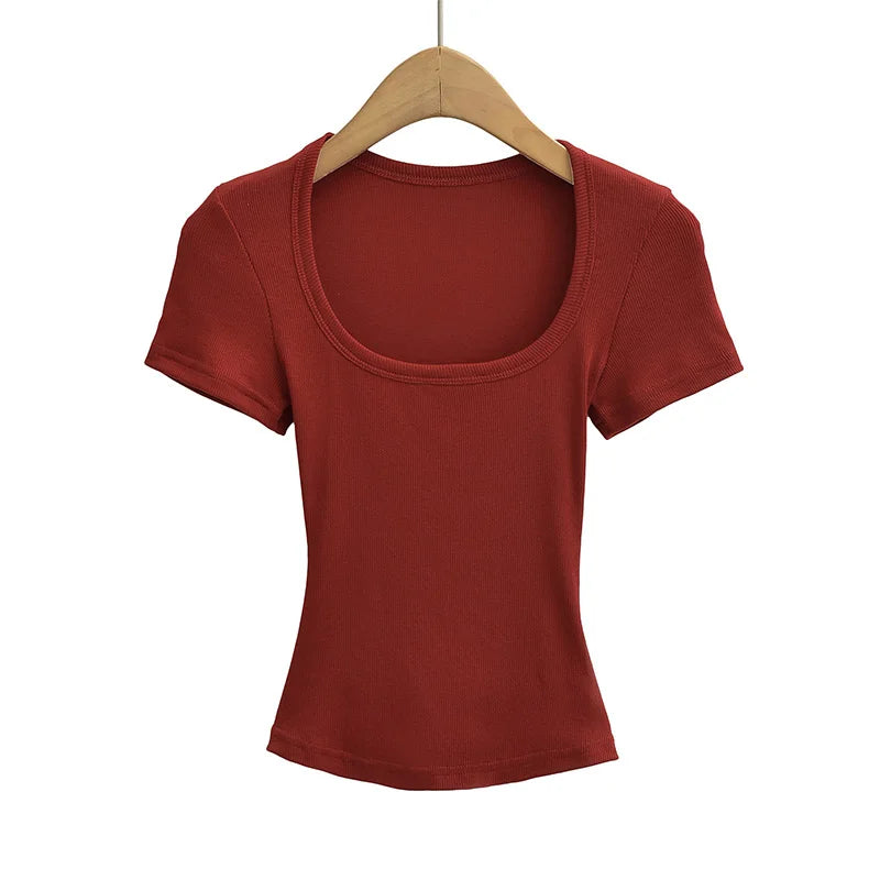 Summer Square Neck Crop Top - Womens High Elasticity Short Sleeve Pullover - ZOOMNSTORE