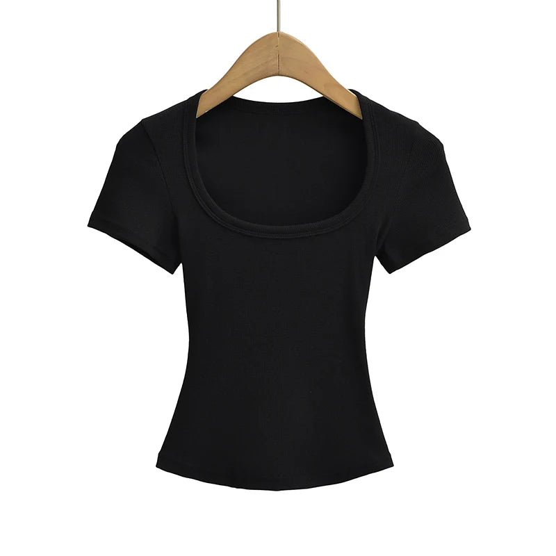 Summer Square Neck Crop Top - Womens High Elasticity Short Sleeve Pullover - ZOOMNSTORE