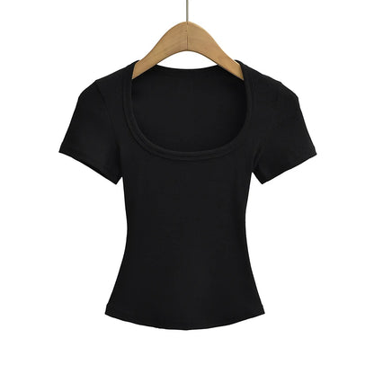 Summer Square Neck Crop Top - Womens High Elasticity Short Sleeve Pullover - ZOOMNSTORE