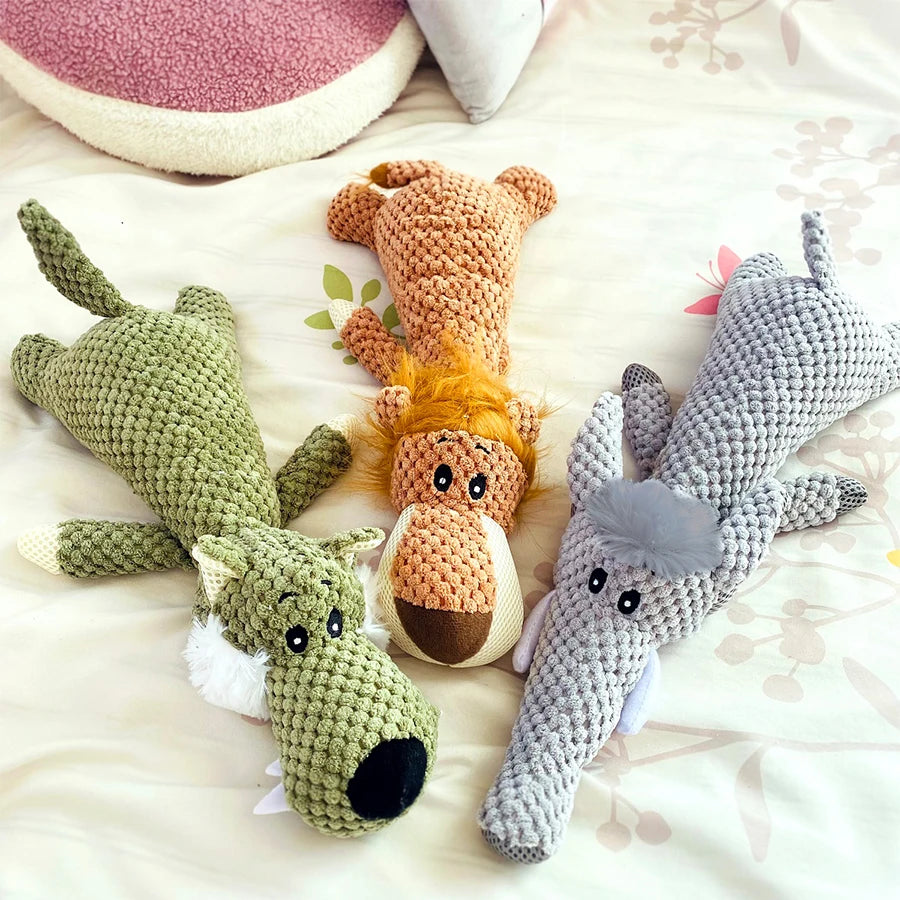 Squeaky Plush Dog Toy - Bite-Resistant Lion Wolf  Elephant for Small  Medium Dogs - ZOOMNSTORE