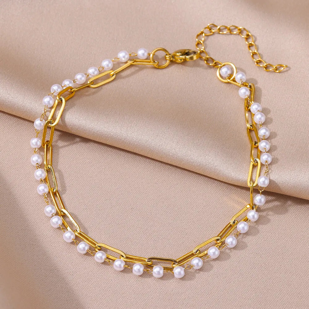 Stainless Steel Imitation Pearl Anklet - Gold Color Beach Accessories for Women - ZOOMNSTORE