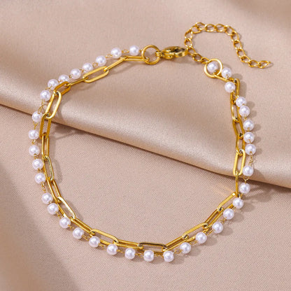 Stainless Steel Imitation Pearl Anklet - Gold Color Beach Accessories for Women - ZOOMNSTORE