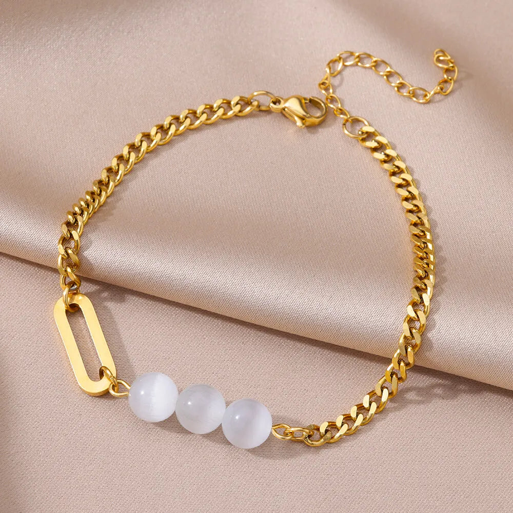 Stainless Steel Imitation Pearl Anklet - Gold Color Beach Accessories for Women - ZOOMNSTORE