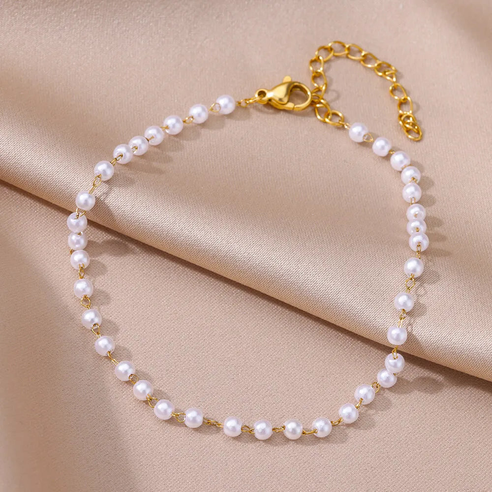 Stainless Steel Imitation Pearl Anklet - Gold Color Beach Accessories for Women - ZOOMNSTORE