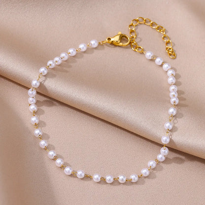 Stainless Steel Imitation Pearl Anklet - Gold Color Beach Accessories for Women - ZOOMNSTORE