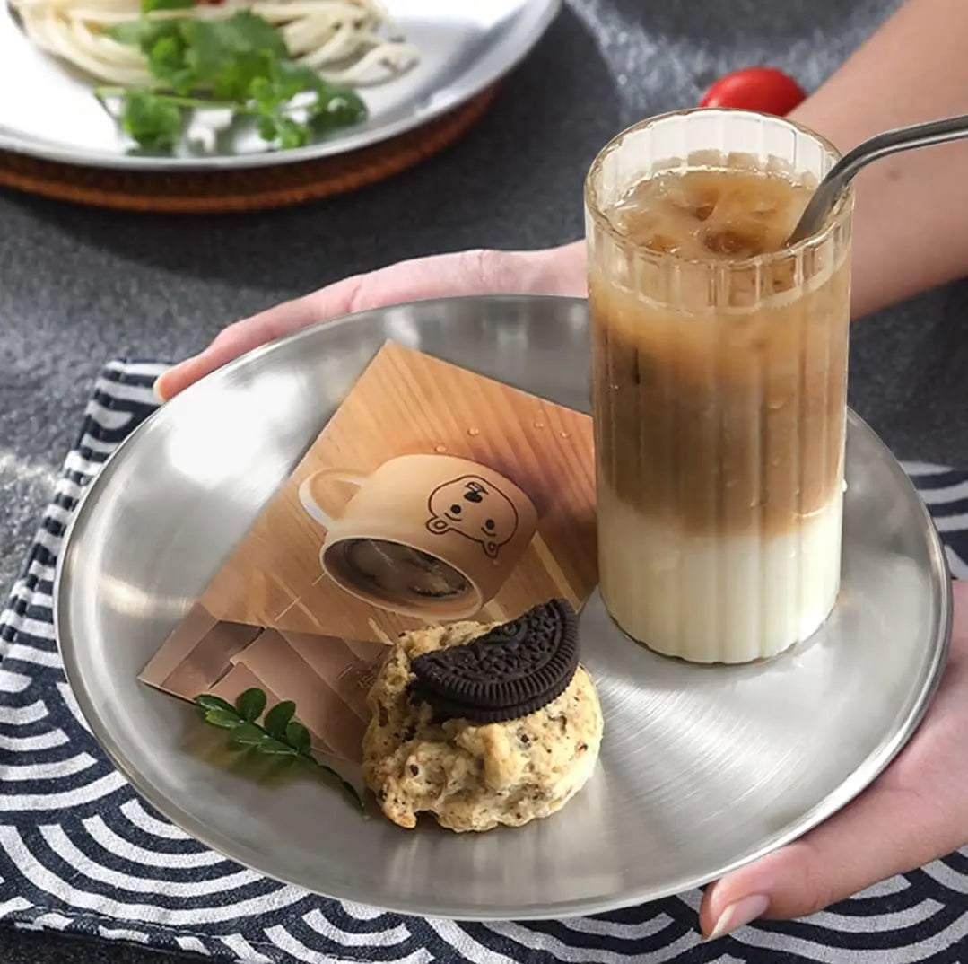 Stainless Steel Camping Plates - 20cm Round Metal Dish Set with Cotton Bag for BBQ Snacks and Salad 4 Pack - ZOOMNSTORE