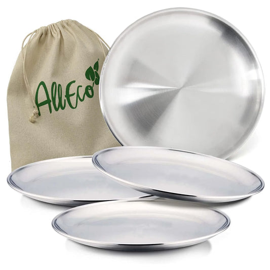Stainless Steel Camping Plates - 20cm Round Metal Dish Set with Cotton Bag for BBQ Snacks and Salad 4 Pack - ZOOMNSTORE