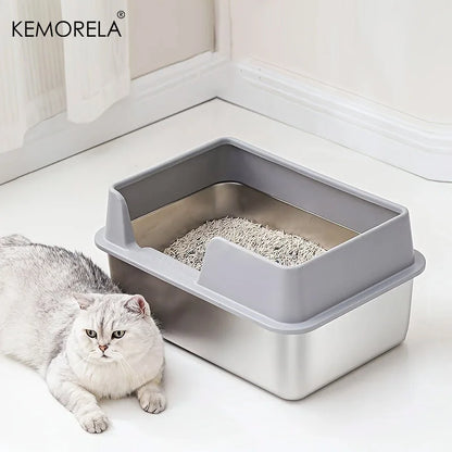 Extra Large Stainless Steel Cat Litter Box - High Wall Non-Stick Leak Proof Easy to Clean with Lid - ZOOMNSTORE