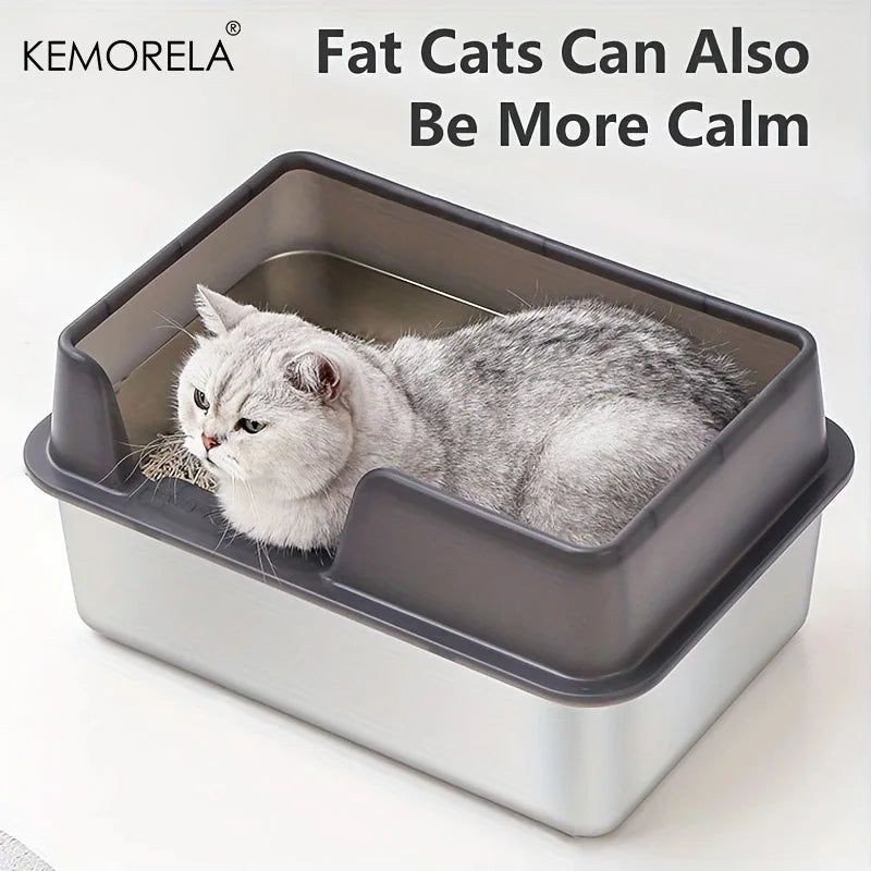 Extra Large Stainless Steel Cat Litter Box - High Wall Non-Stick Leak Proof Easy to Clean with Lid - ZOOMNSTORE