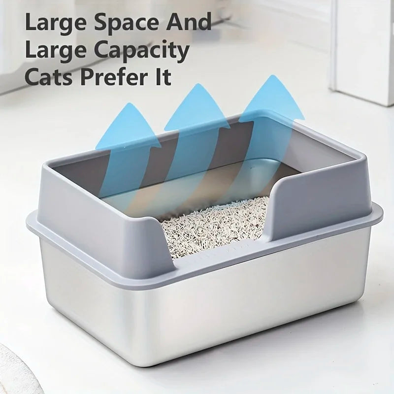 Extra Large Stainless Steel Cat Litter Box - High Wall Non-Stick Leak Proof Easy to Clean with Lid - ZOOMNSTORE