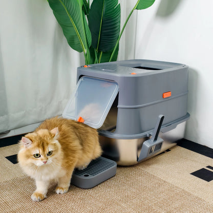 Extra Large Stainless Steel Cat Litter Box with Lid - High Wall Metal Tray for Big Cats - ZOOMNSTORE