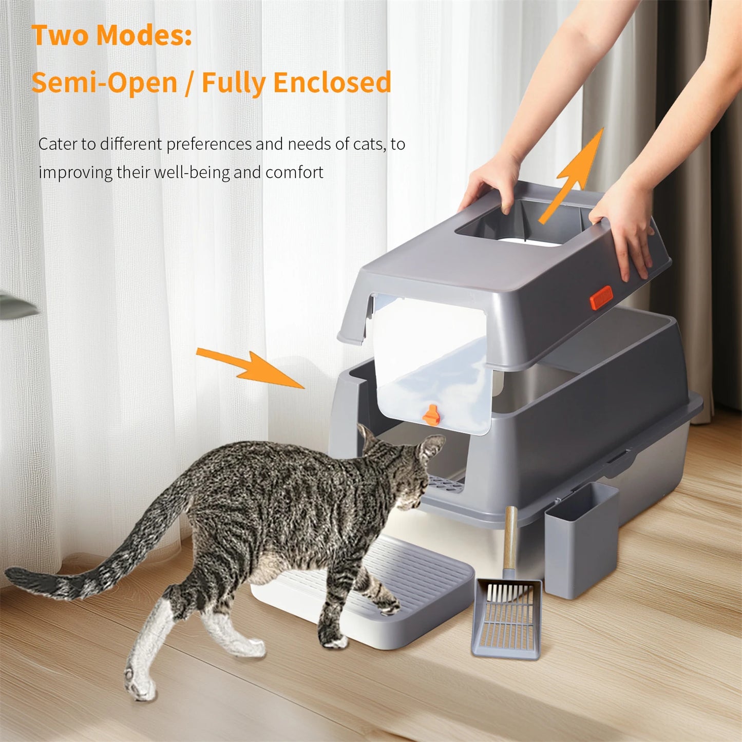 Extra Large Stainless Steel Cat Litter Box with Lid - High Wall Metal Tray for Big Cats - ZOOMNSTORE