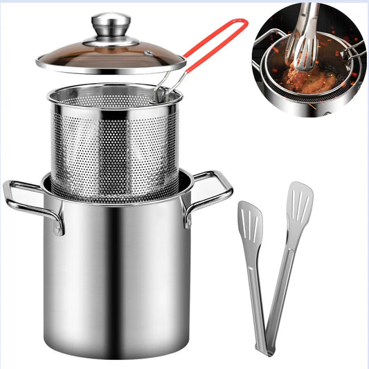 Stainless Steel Deep Fryer - 3.2 Quart Multifunctional Fry Pot with Basket & Glass Lid - ZOOMNSTORE