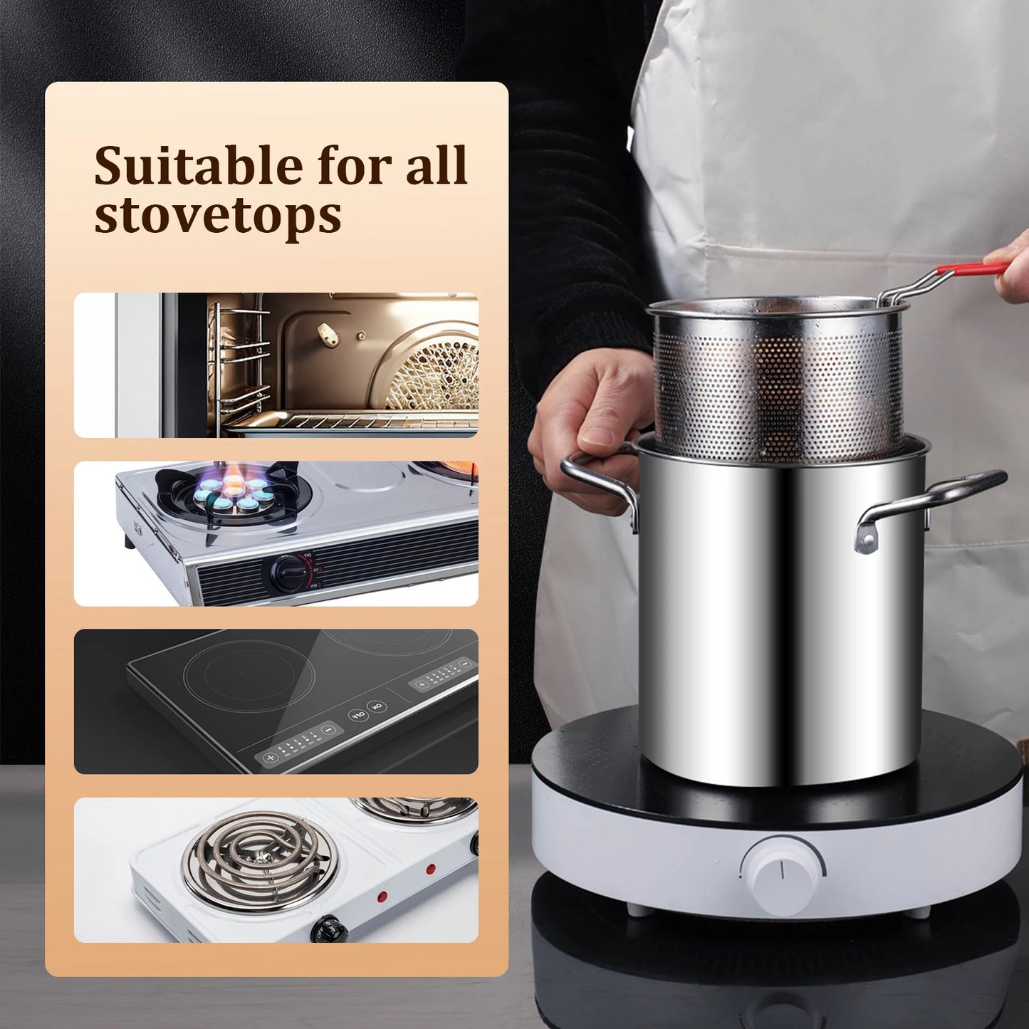 Stainless Steel Deep Fryer - 3.2 Quart Multifunctional Fry Pot with Basket & Glass Lid - ZOOMNSTORE
