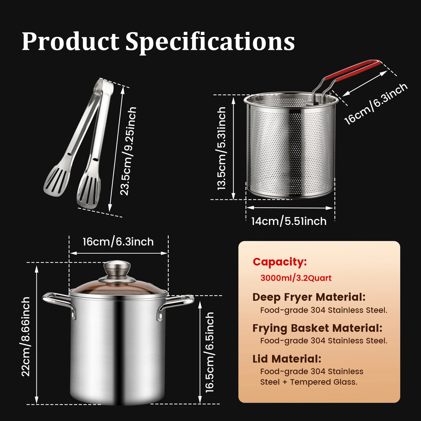 Stainless Steel Deep Fryer - 3.2 Quart Multifunctional Fry Pot with Basket & Glass Lid - ZOOMNSTORE
