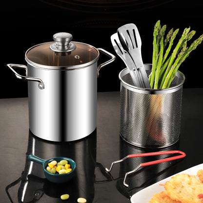 Stainless Steel Deep Fryer - 3.2 Quart Multifunctional Fry Pot with Basket & Glass Lid - ZOOMNSTORE