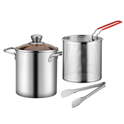Stainless Steel Deep Fryer - 3.2 Quart Multifunctional Fry Pot with Basket & Glass Lid - ZOOMNSTORE