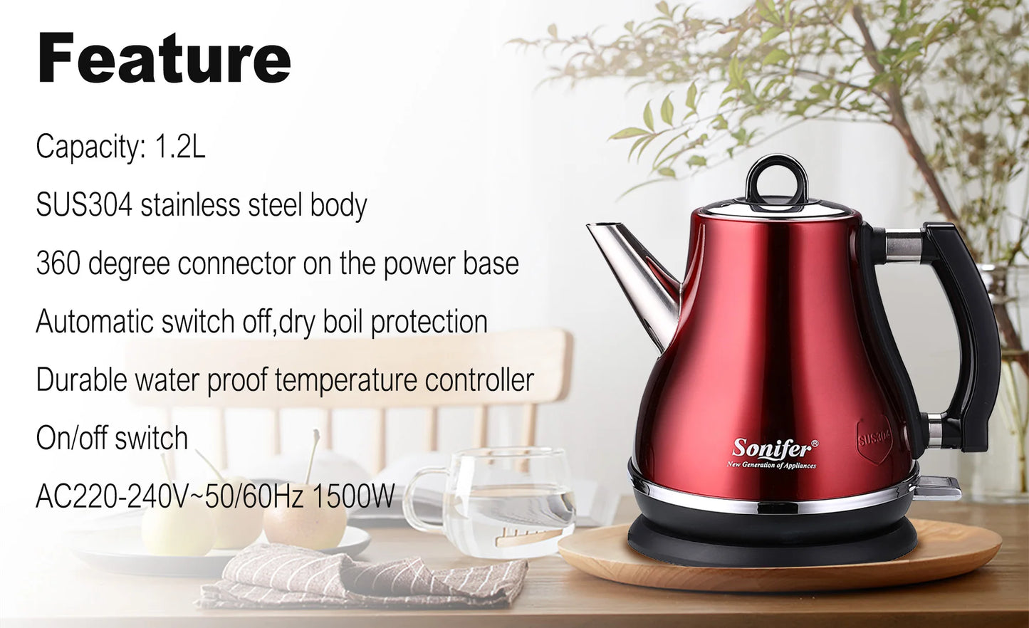 Stainless Steel Electric Kettle 1.2L - 1500W Quick Heating Cordless Tea Pot - ZOOMNSTORE