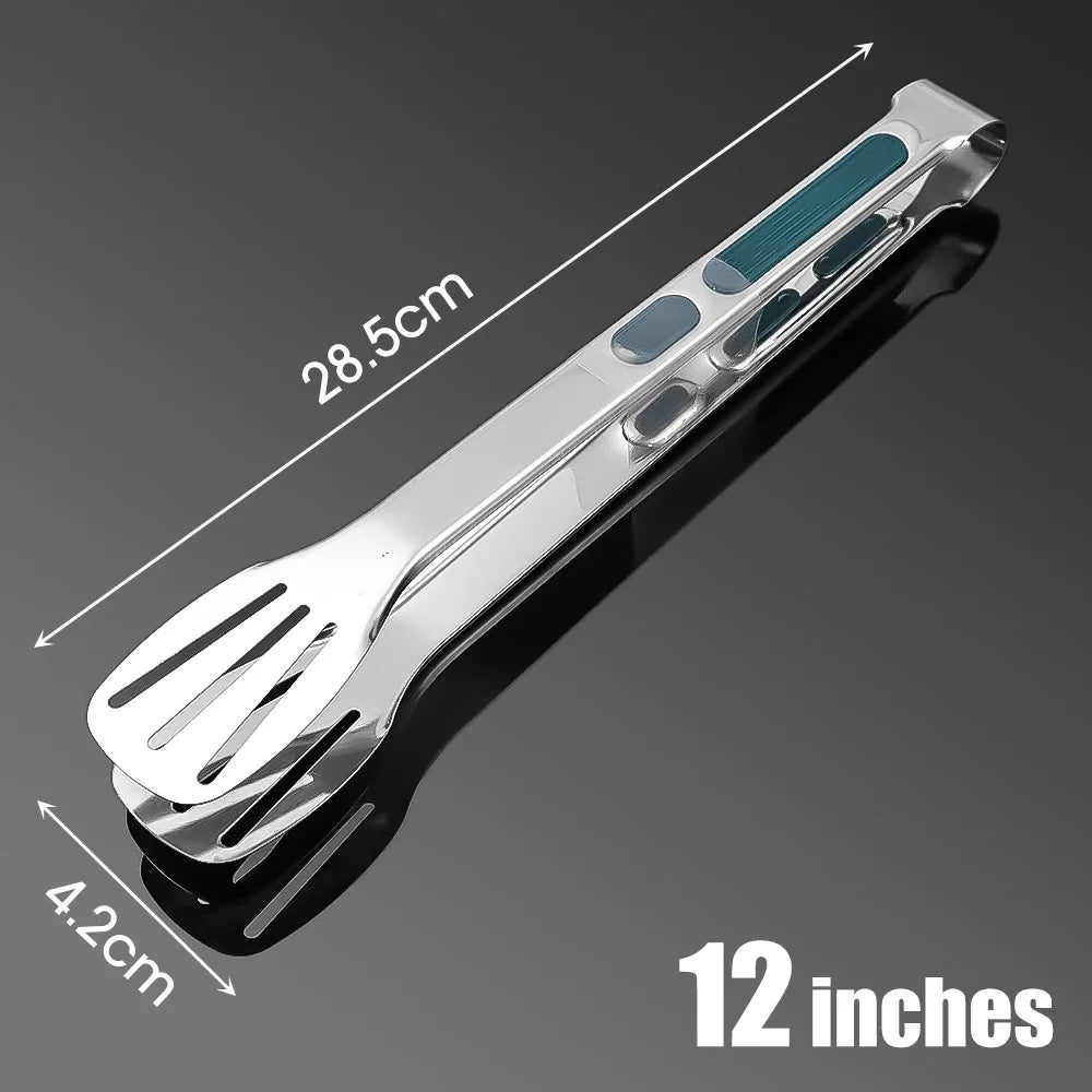 Stainless Steel BBQ Tongs - Non-Slip Silicone Handle Food Clip for Meat Salad and Baking - ZOOMNSTORE
