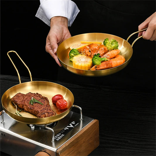 Stainless Steel Frying Pan | Golden Silver Cooking Skillet With Ergonomic Handle - ZOOMNSTORE