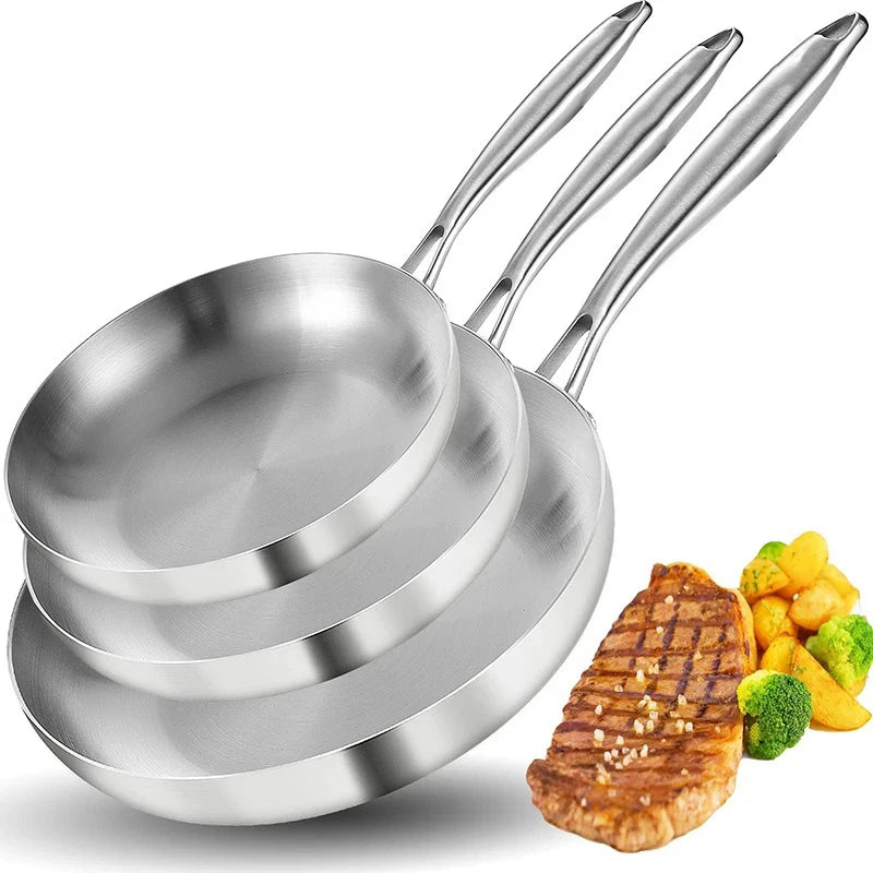 Stainless Steel Frying Pan | Round Bottom Wok, Chemical Free Pan With Brushed Steel Handle - ZOOMNSTORE