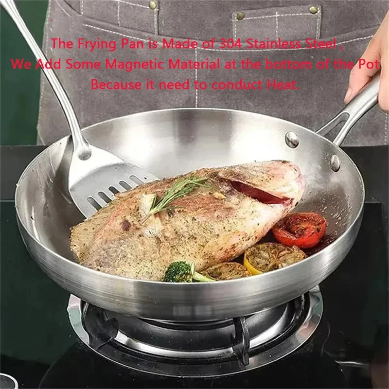 Stainless Steel Frying Pan | Round Bottom Wok, Chemical Free Pan With Brushed Steel Handle - ZOOMNSTORE