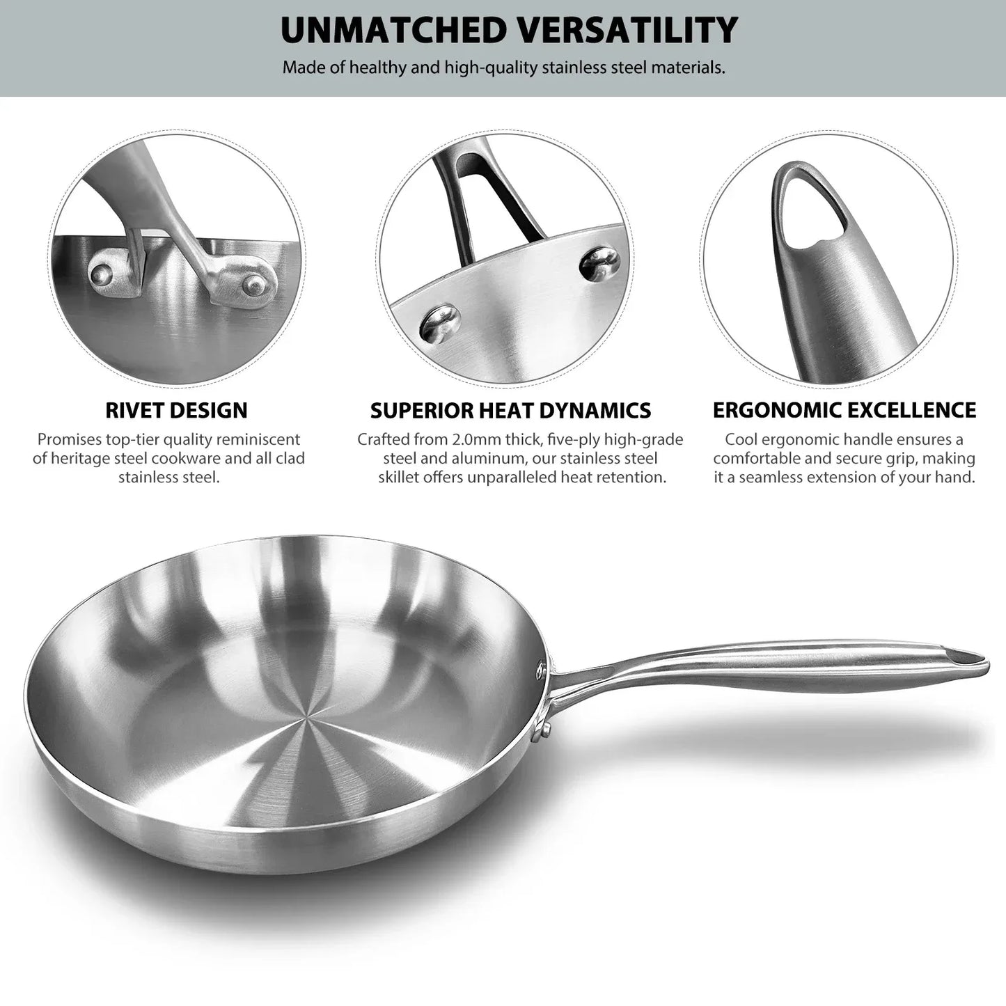 Stainless Steel Frying Pan | Round Bottom Wok, Chemical Free Pan With Brushed Steel Handle - ZOOMNSTORE
