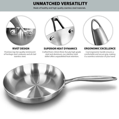 Stainless Steel Frying Pan | Round Bottom Wok, Chemical Free Pan With Brushed Steel Handle - ZOOMNSTORE