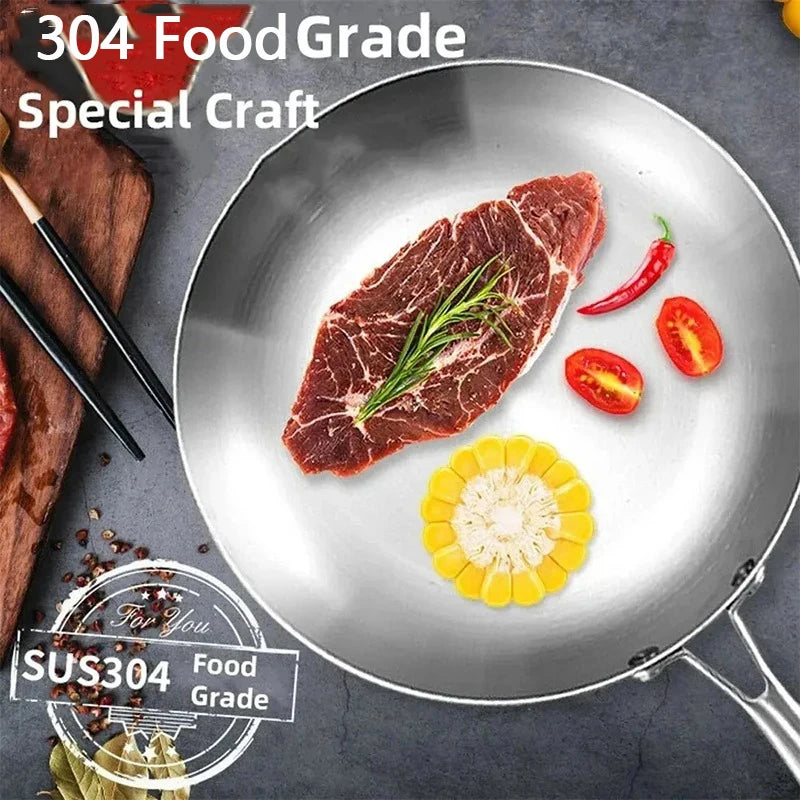 Stainless Steel Frying Pan | Round Bottom Wok, Chemical Free Pan With Brushed Steel Handle - ZOOMNSTORE