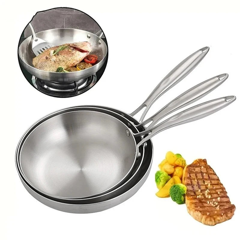 Stainless Steel Frying Pan | Round Bottom Wok, Chemical Free Pan With Brushed Steel Handle - ZOOMNSTORE