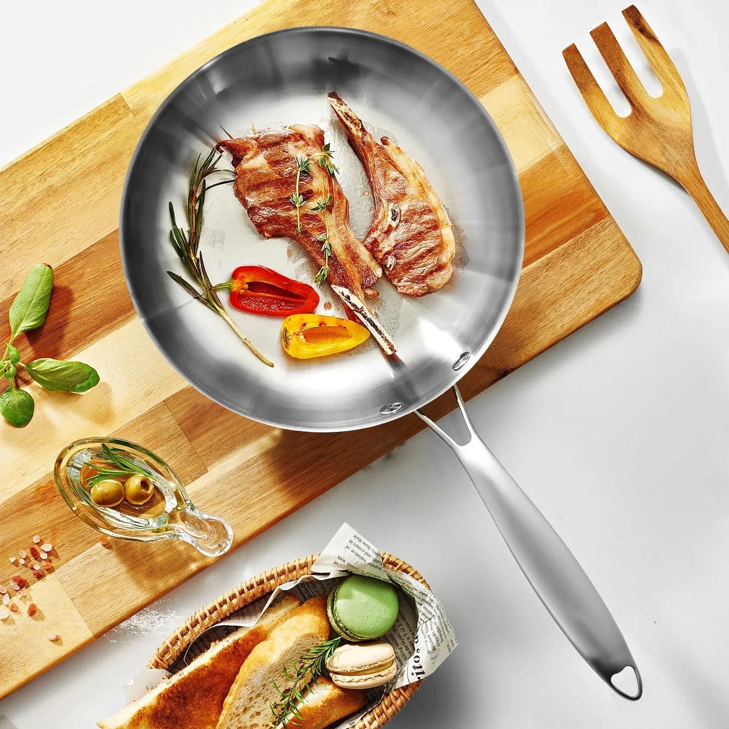 Stainless Steel Frying Pan | Round Bottom Wok, Chemical Free Pan With Brushed Steel Handle - ZOOMNSTORE