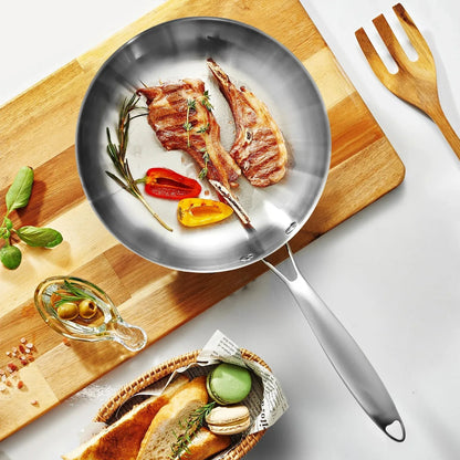 Stainless Steel Frying Pan | Round Bottom Wok, Chemical Free Pan With Brushed Steel Handle - ZOOMNSTORE