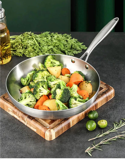 Stainless Steel Frying Pan | Round Bottom Wok, Chemical Free Pan With Brushed Steel Handle - ZOOMNSTORE
