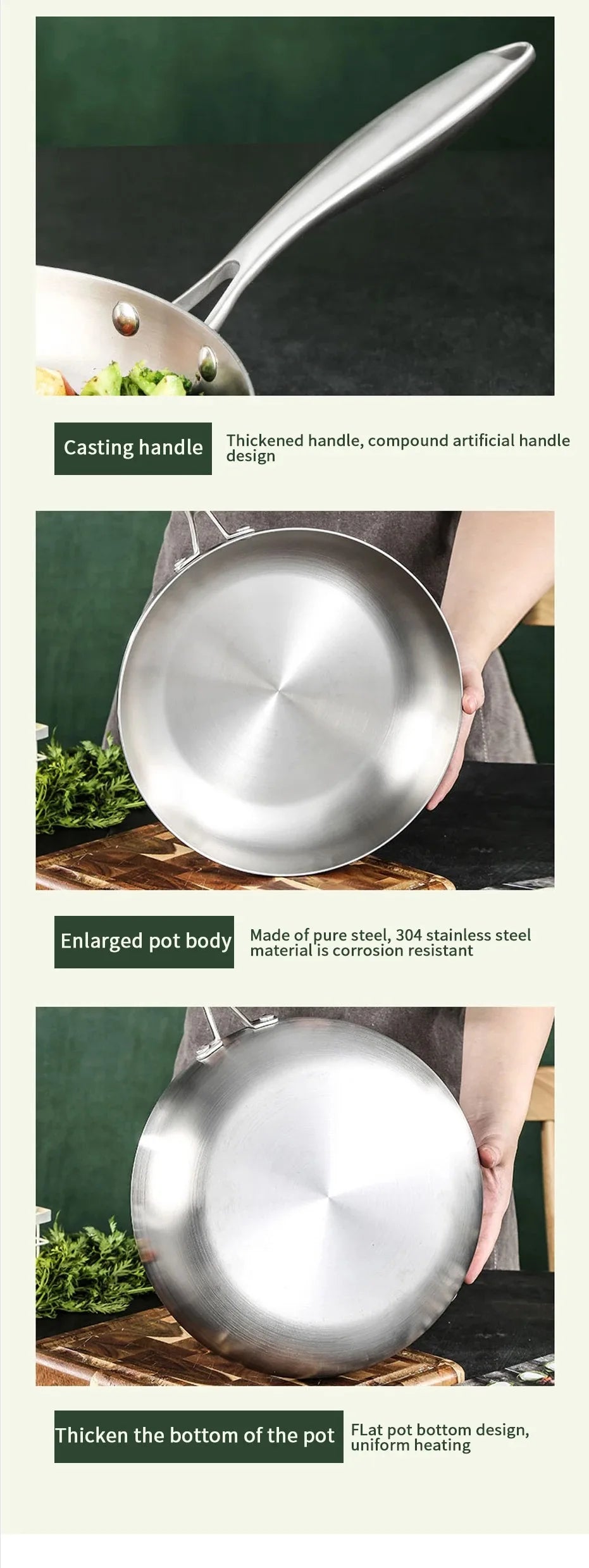 Stainless Steel Frying Pan | Round Bottom Wok, Chemical Free Pan With Brushed Steel Handle - ZOOMNSTORE