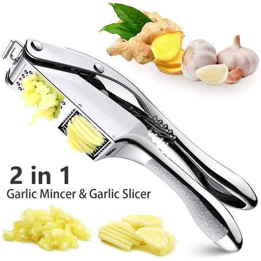 Stainless Steel Garlic Press - Dual Function Garlic Crusher Tool With Anti Slip Handle - ZOOMNSTORE