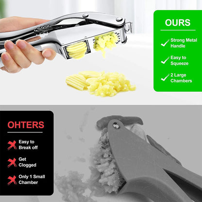 Stainless Steel Garlic Press - Dual Function Garlic Crusher Tool With Anti Slip Handle - ZOOMNSTORE