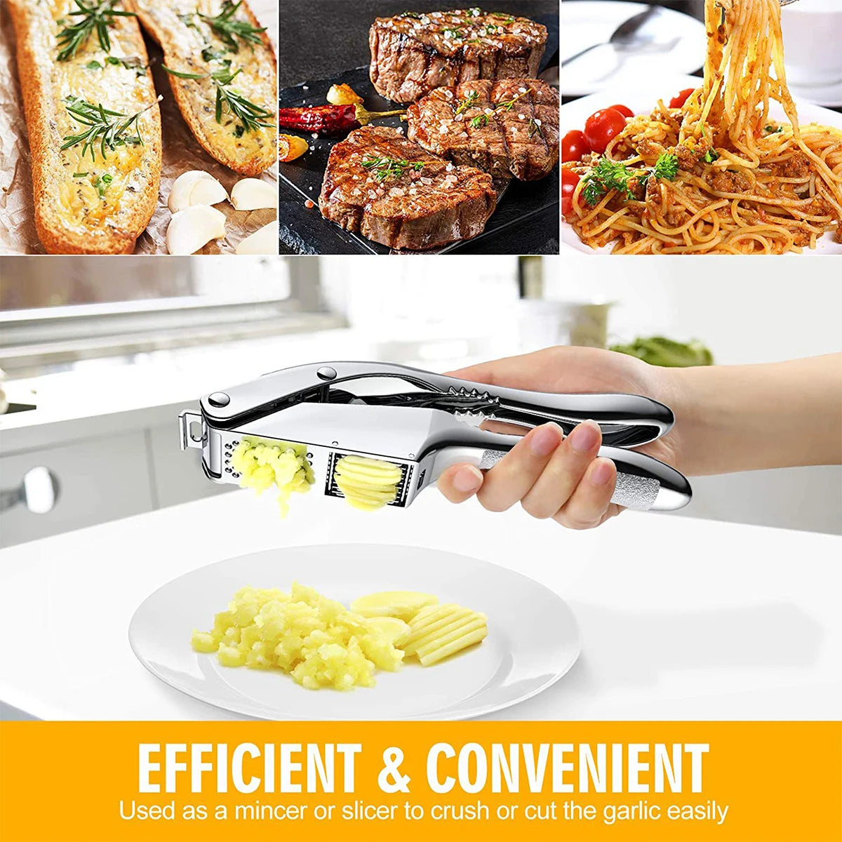 Stainless Steel Garlic Press - Dual Function Garlic Crusher Tool With Anti Slip Handle - ZOOMNSTORE