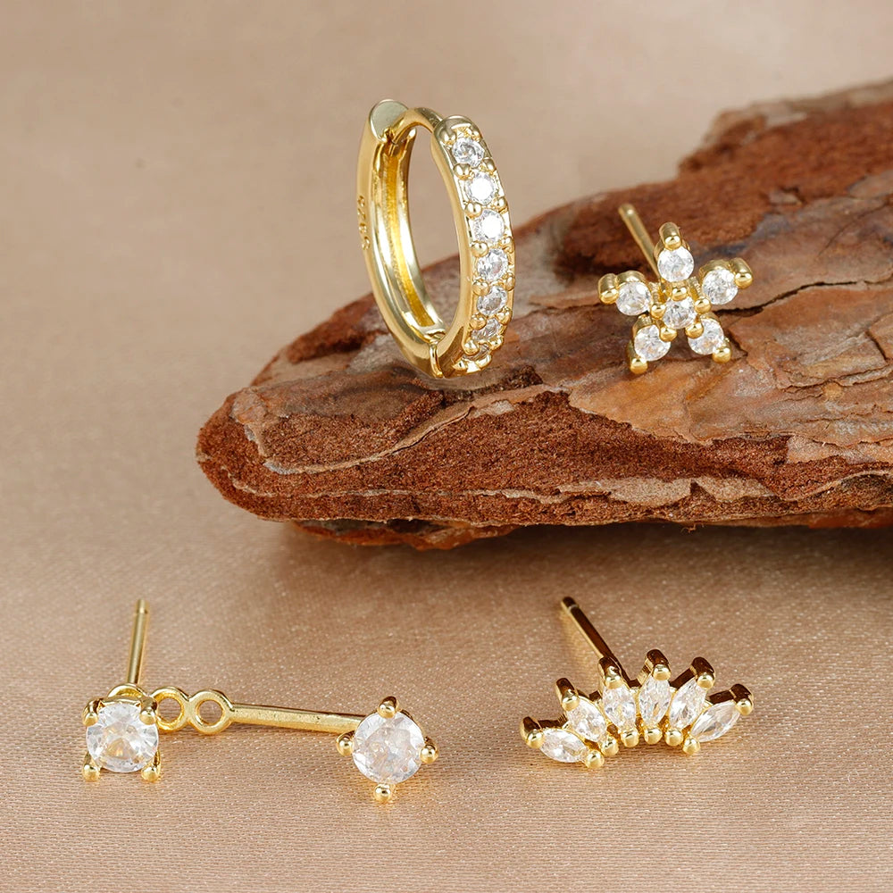 Stainless Steel Hoop Earrings - 4PCS Circle Huggie Set with Zircon Flower Studs - ZOOMNSTORE