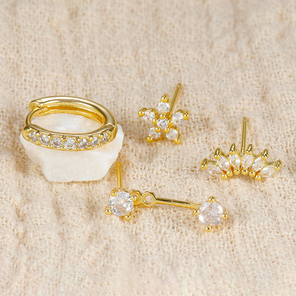 Stainless Steel Hoop Earrings - 4PCS Circle Huggie Set with Zircon Flower Studs - ZOOMNSTORE