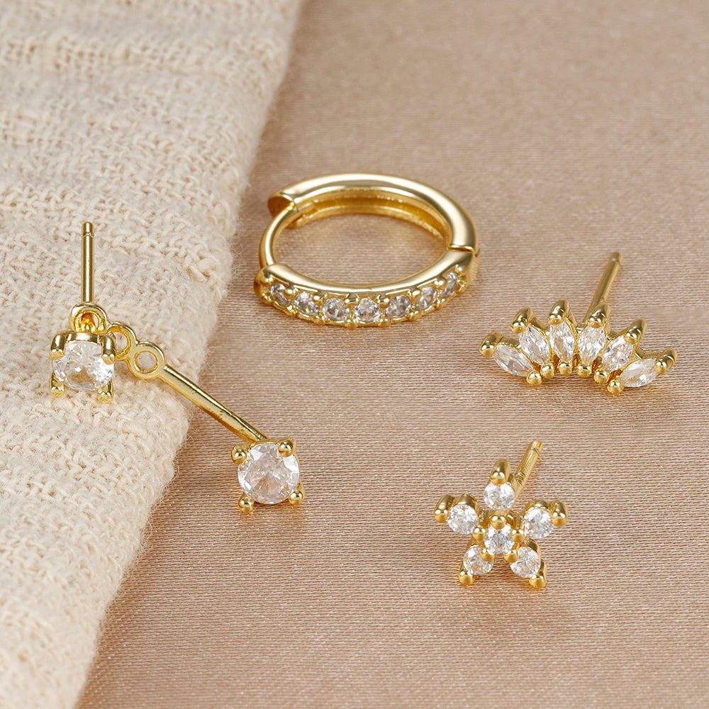 Stainless Steel Hoop Earrings - 4PCS Circle Huggie Set with Zircon Flower Studs - ZOOMNSTORE