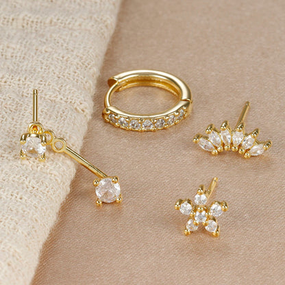 Stainless Steel Hoop Earrings - 4PCS Circle Huggie Set with Zircon Flower Studs - ZOOMNSTORE