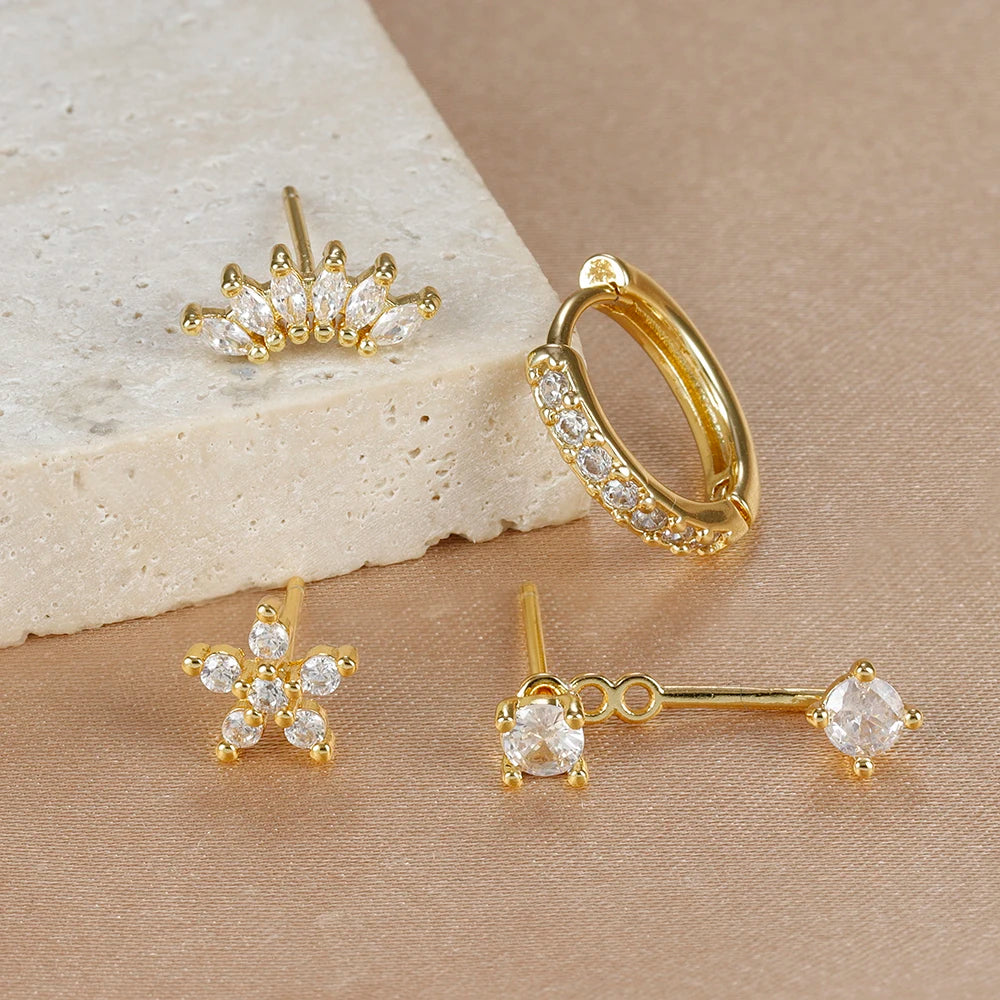 Stainless Steel Hoop Earrings - 4PCS Circle Huggie Set with Zircon Flower Studs - ZOOMNSTORE