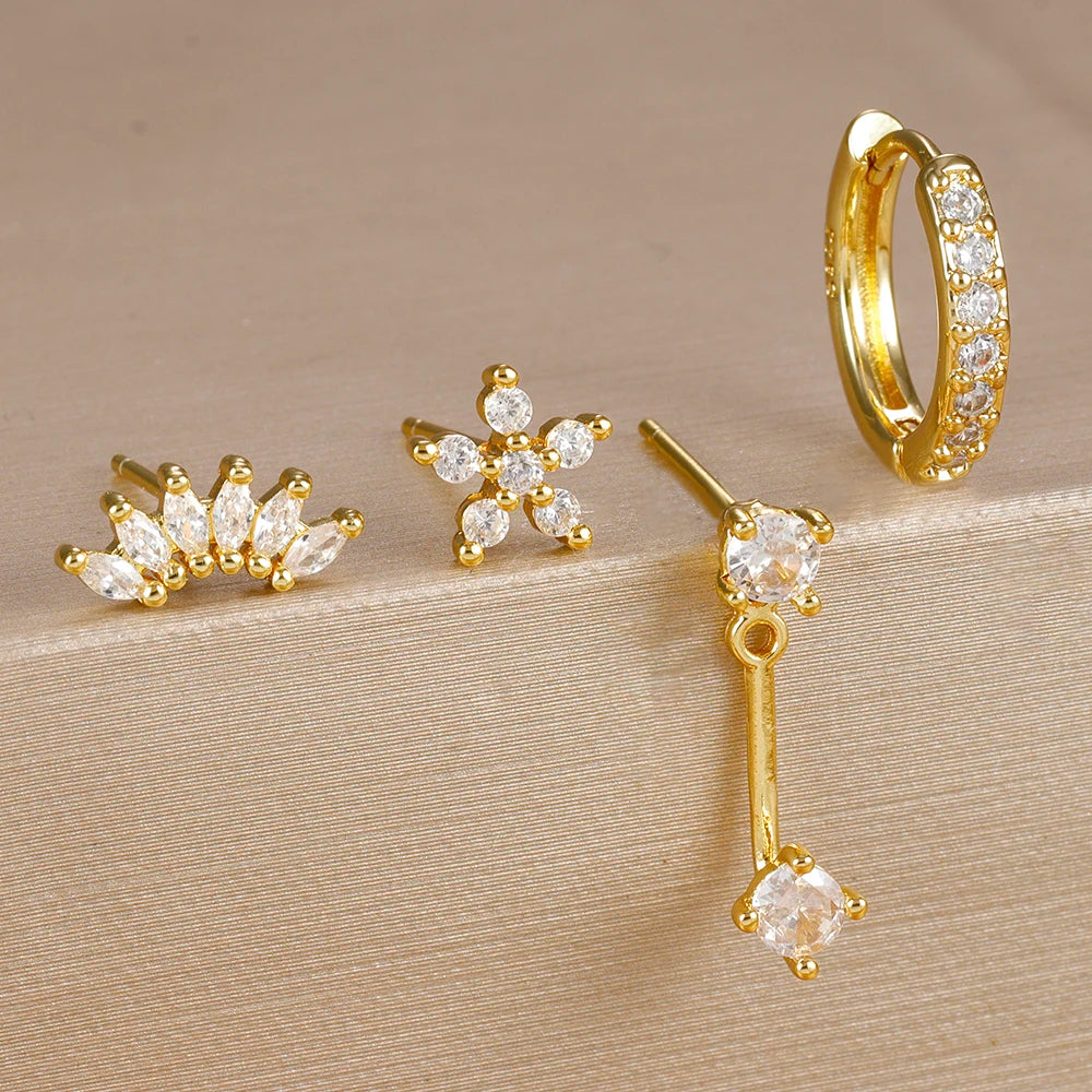 Stainless Steel Hoop Earrings - 4PCS Circle Huggie Set with Zircon Flower Studs - ZOOMNSTORE