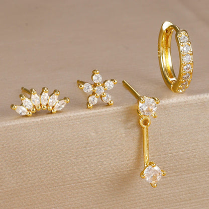 Stainless Steel Hoop Earrings - 4PCS Circle Huggie Set with Zircon Flower Studs - ZOOMNSTORE