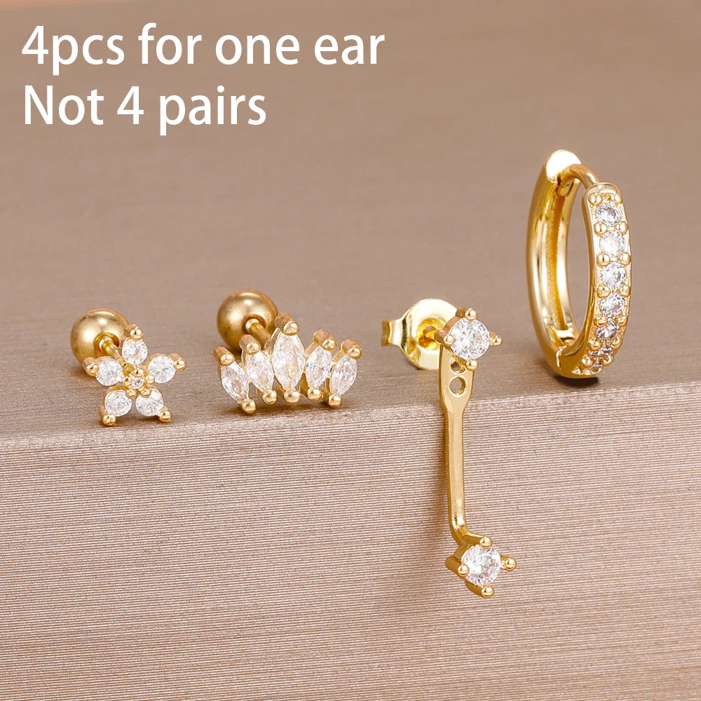 Stainless Steel Hoop Earrings - 4PCS Circle Huggie Set with Zircon Flower Studs - ZOOMNSTORE