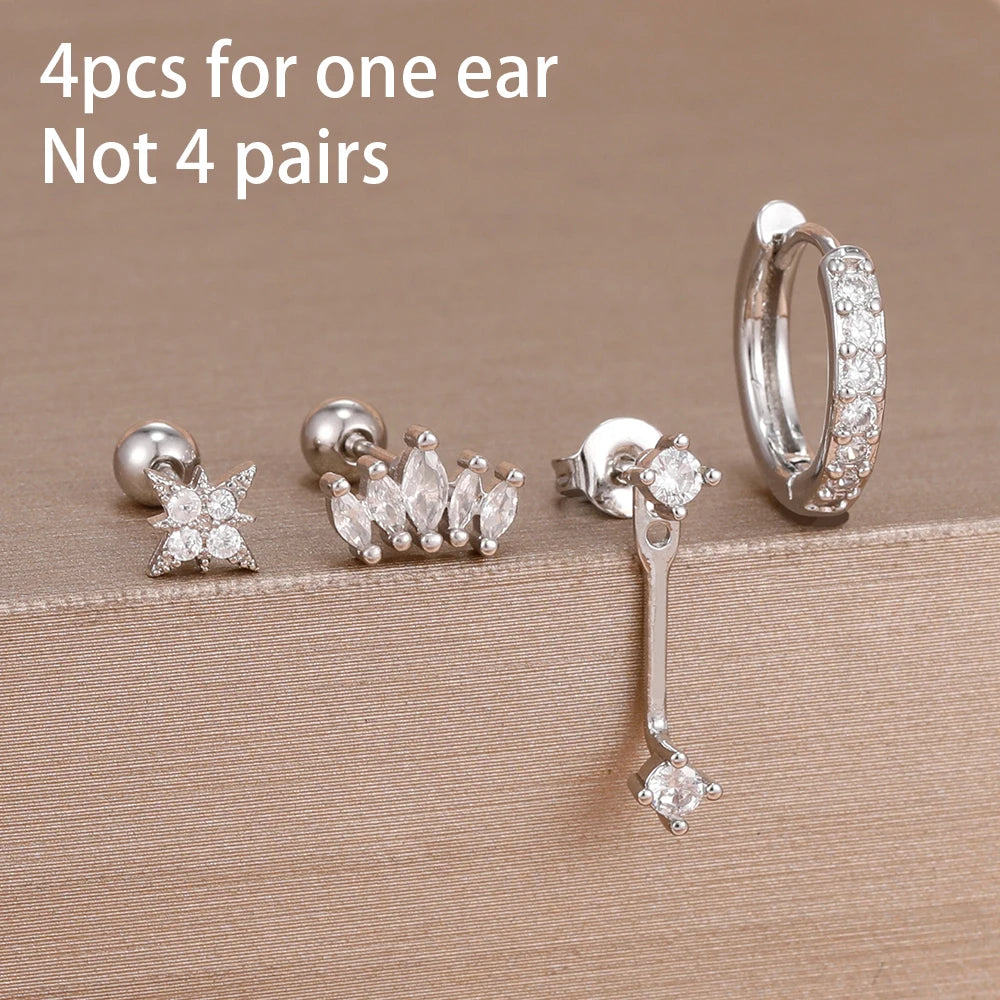 Stainless Steel Hoop Earrings - 4PCS Circle Huggie Set with Zircon Flower Studs - ZOOMNSTORE