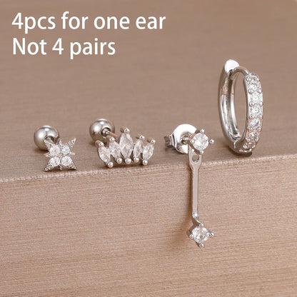 Stainless Steel Hoop Earrings - 4PCS Circle Huggie Set with Zircon Flower Studs - ZOOMNSTORE