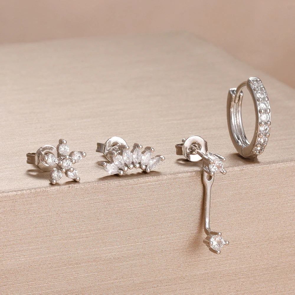 Stainless Steel Hoop Earrings - 4PCS Circle Huggie Set with Zircon Flower Studs - ZOOMNSTORE