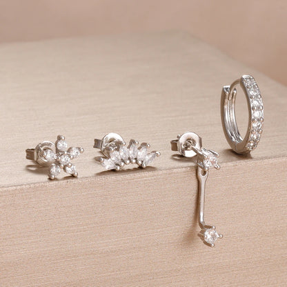 Stainless Steel Hoop Earrings - 4PCS Circle Huggie Set with Zircon Flower Studs - ZOOMNSTORE